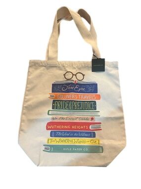 *NWT* Rifle Paper Co. Cream Canvas Tote with Colorful Bookstack Print